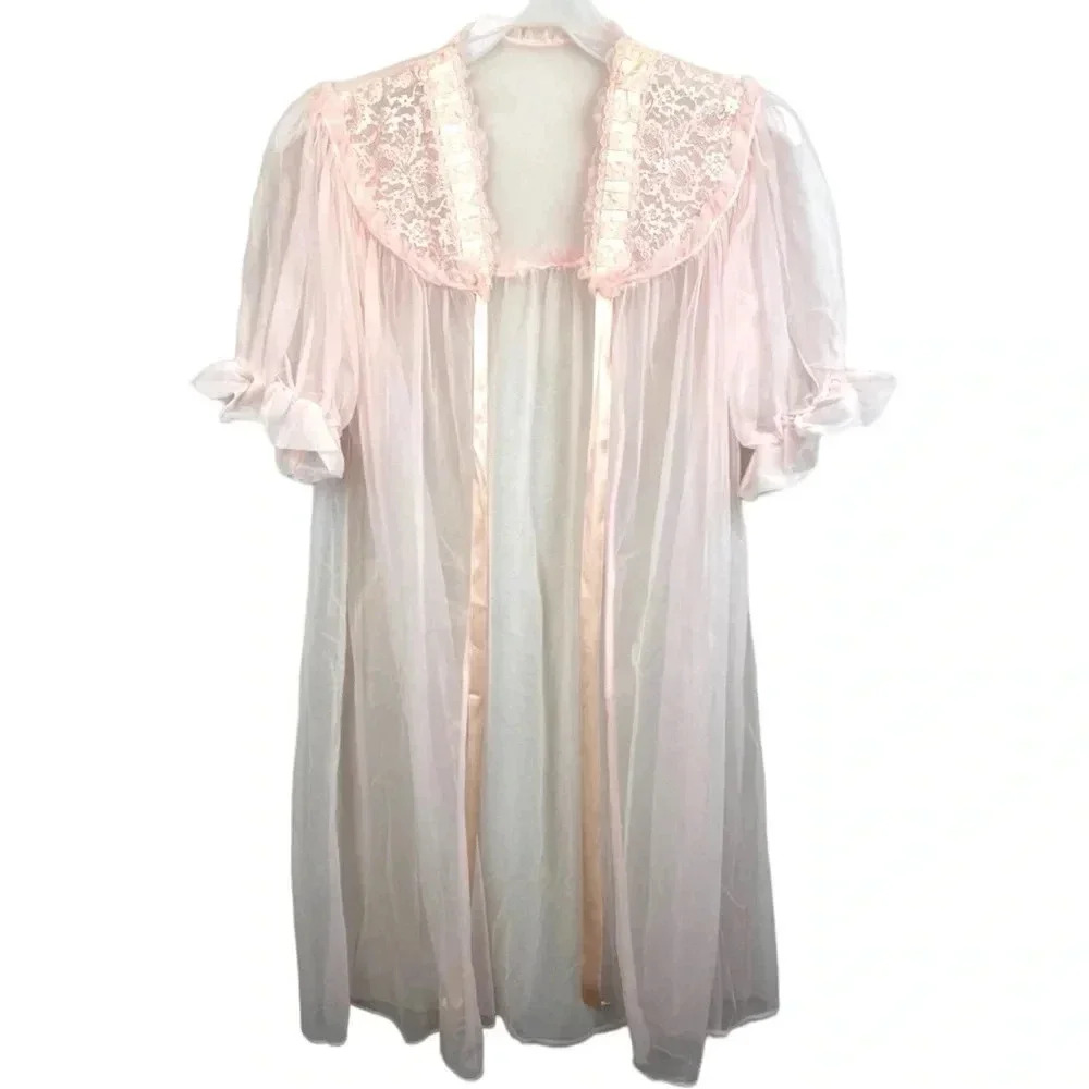 Vintage 50s Peignoir Light Pink Sheer Nylon Tricot Chiffon‎ Ruffles Ribbon Sexy
